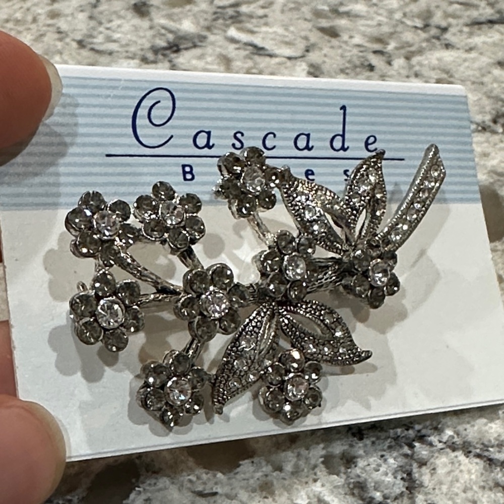 Silver Floral Crystal Brooch Vintage